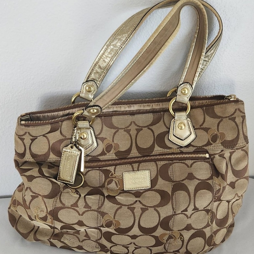Coach Poppy Signature Purse Hand Bag Tote in Khaki / Gold